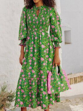 Pink City Prints Amazonian Jungle Izzy Dress Green Pink Large Boho Vacation